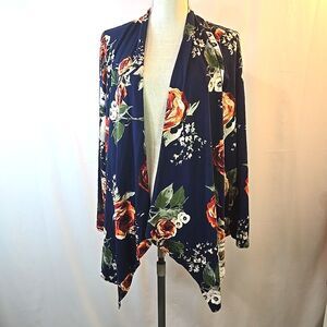 Cool Melon Navy Blue Floral Stretch Open Lightweight Cardigan Women's Sz 1X USA